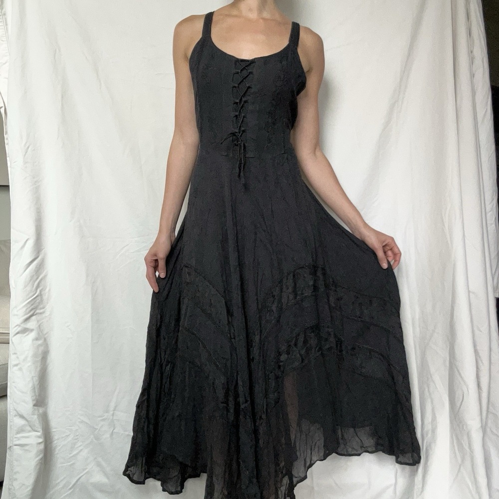 2000s Black Lace Up Maxi Dress Handkerchief Hem Fairy Whimsigoth Ren Fair Witchy